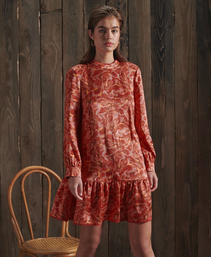 limited edition dry printed zijden jurk met rode bloemenprint