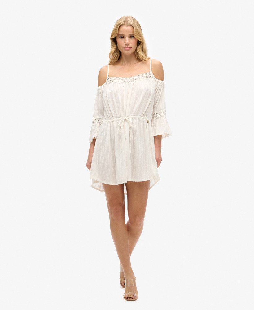 off-white mini-jurk met open schouders