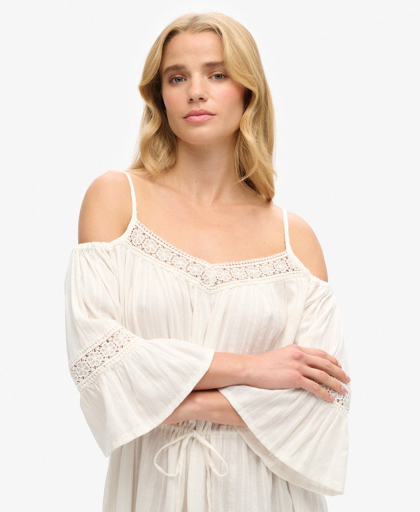 off-white mini-jurk met open schouders