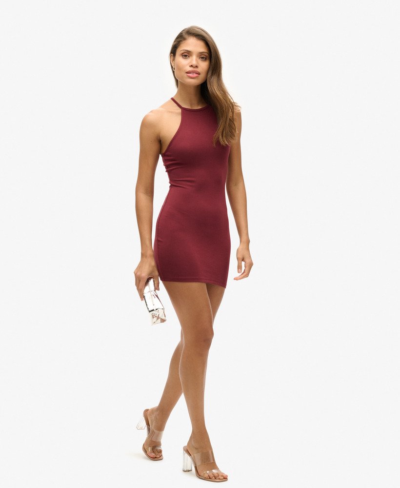 mini-jurk met bandjes op de rug en racerneck in port red