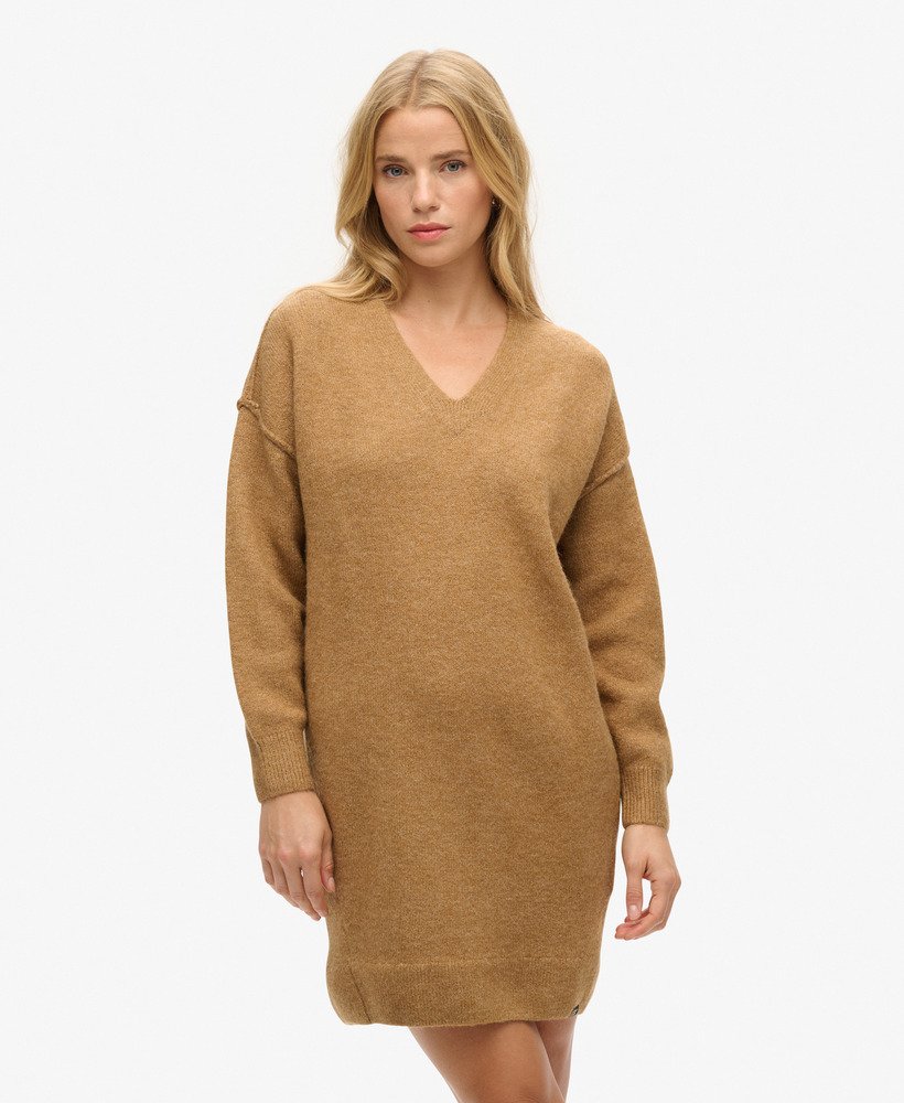 gebreide jurk met v-hals in corps beige marl