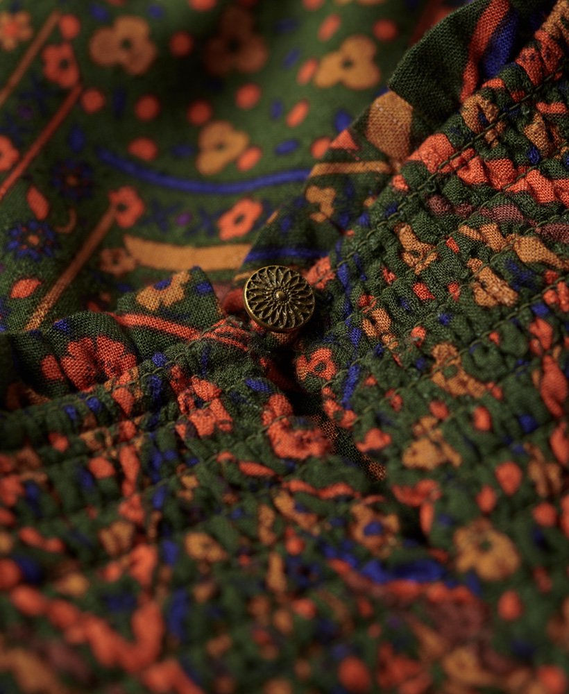 bedrukte maxi-jurk met smockwerk en chevronbloemenprint