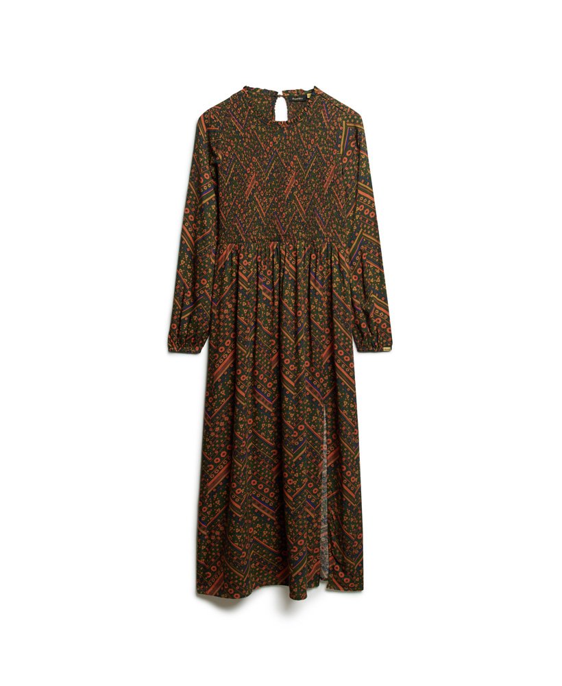 bedrukte maxi-jurk met smockwerk en chevronbloemenprint