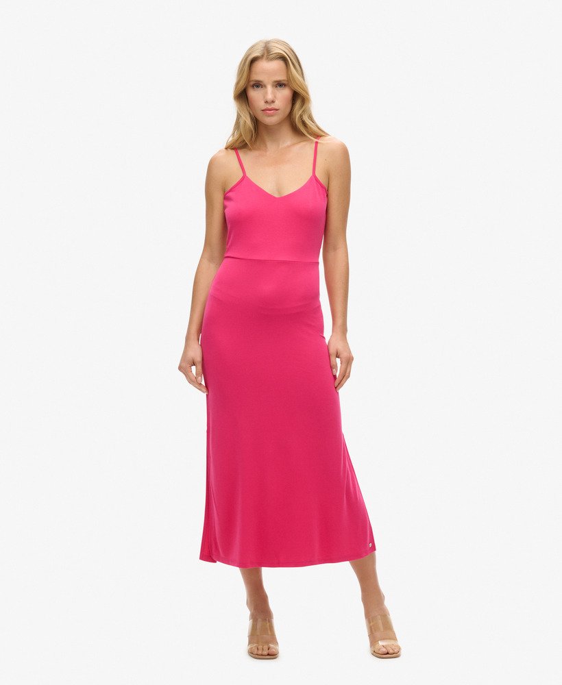 jersey jurk met open rug in highland berry
