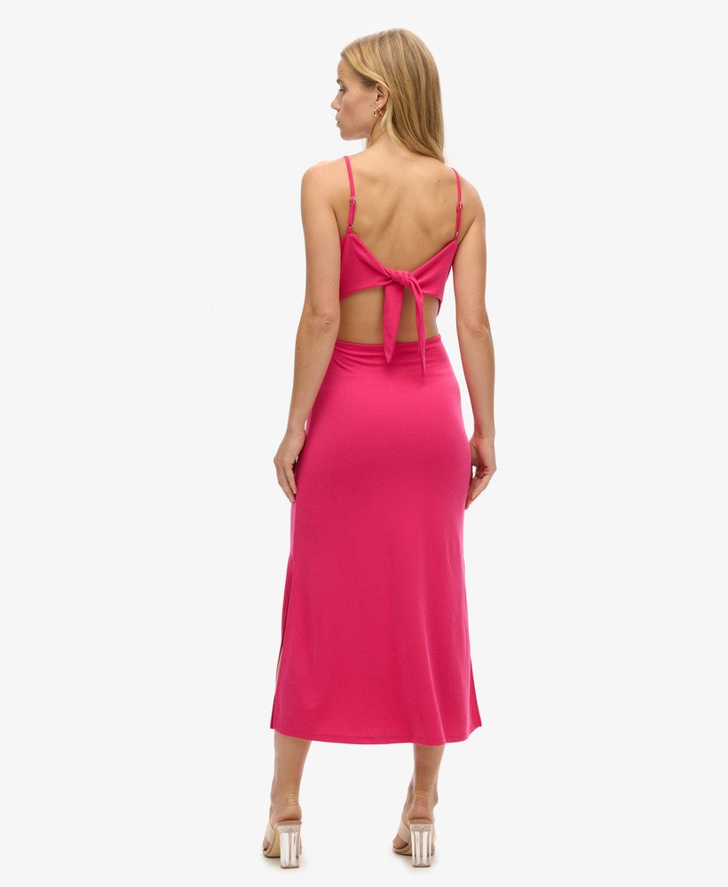 jersey jurk met open rug in highland berry