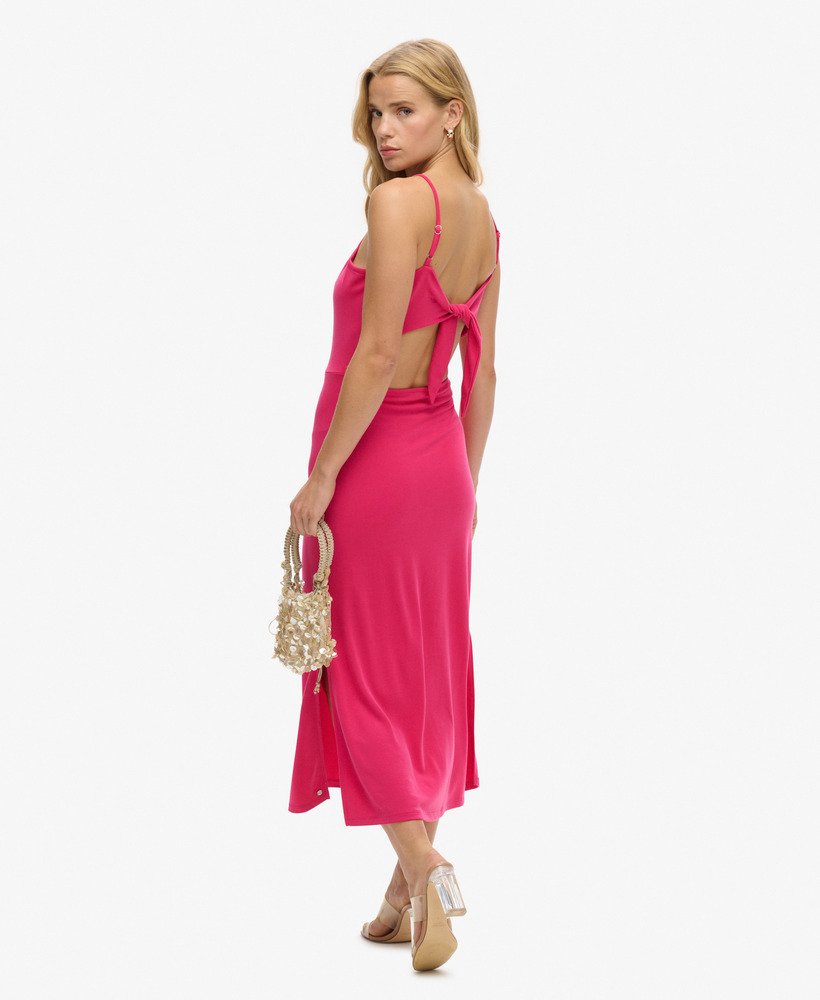 jersey jurk met open rug in highland berry