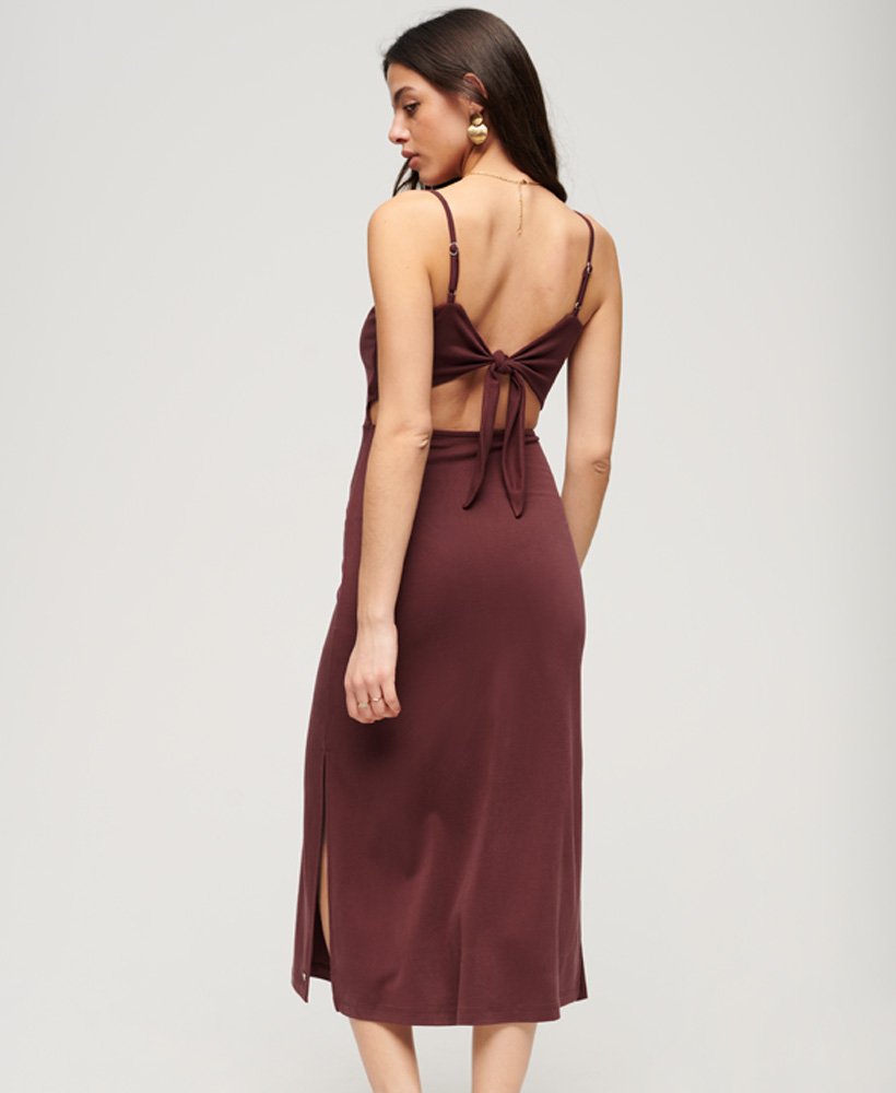 jersey jurk met open rug in port brown