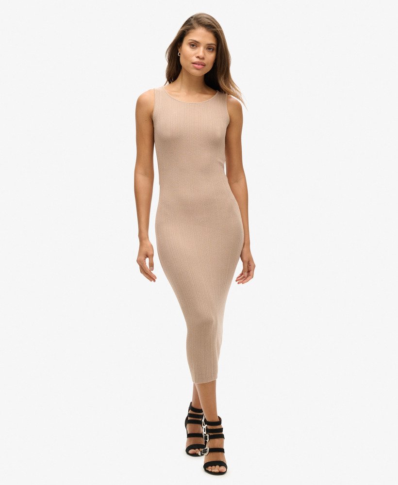 rugloze gebreide midi-jurk in licht taupe