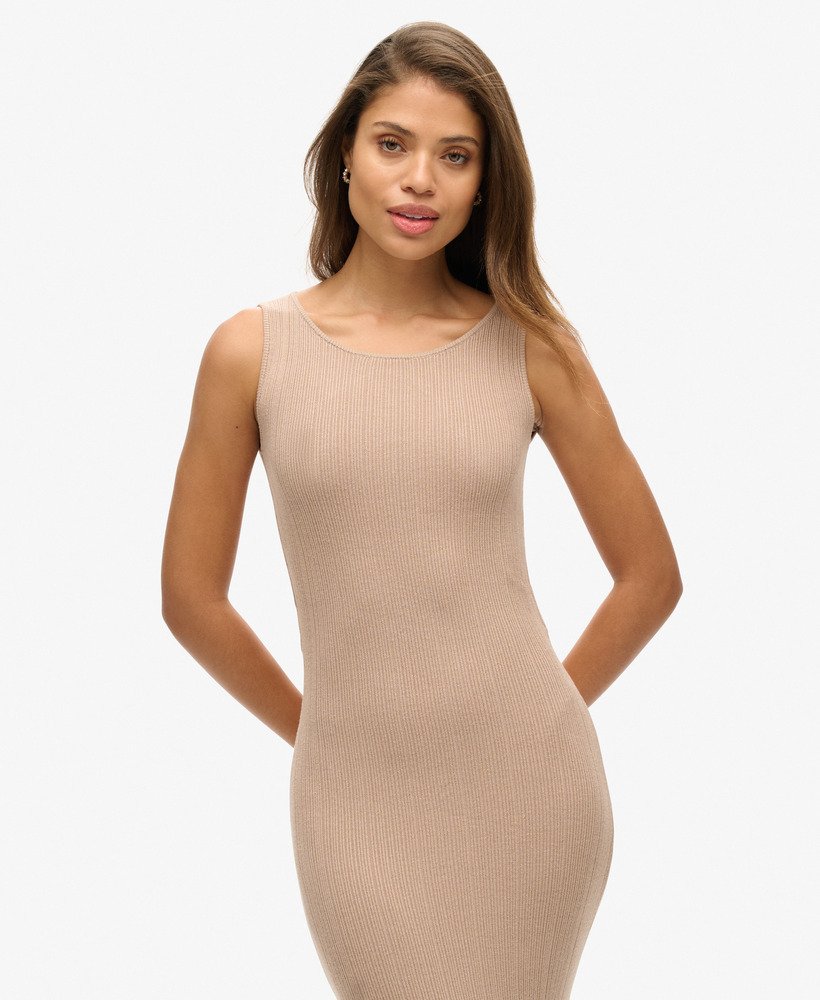 rugloze gebreide midi-jurk in licht taupe