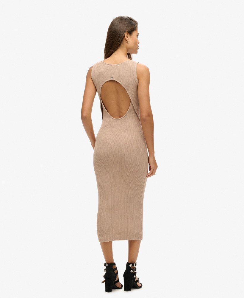 rugloze gebreide midi-jurk in licht taupe