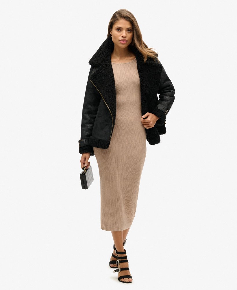 rugloze gebreide midi-jurk in licht taupe