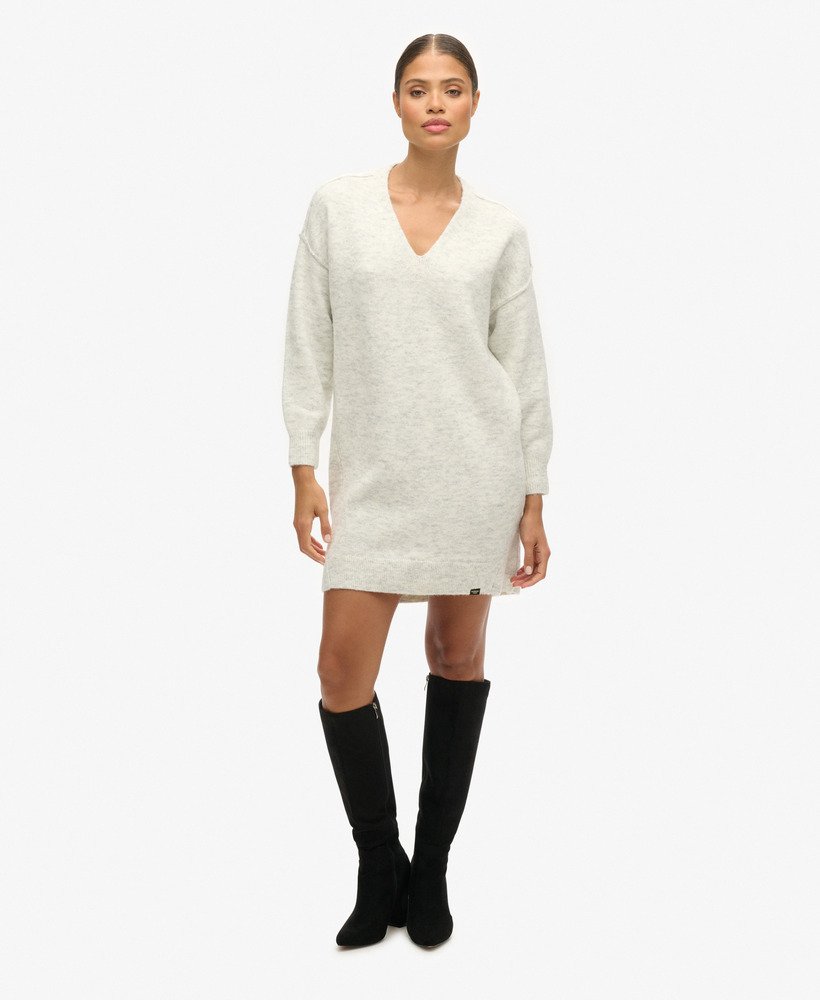 gebreide jurk met v-hals in glacier grey marl
