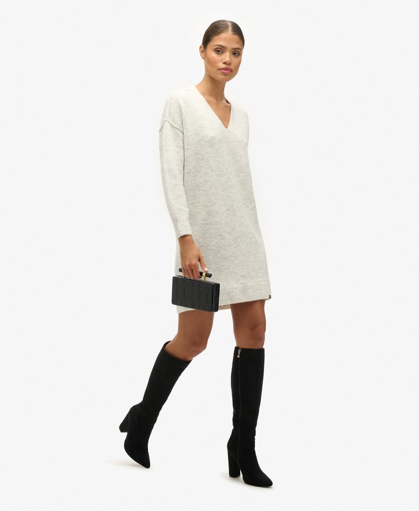 gebreide jurk met v-hals in glacier grey marl