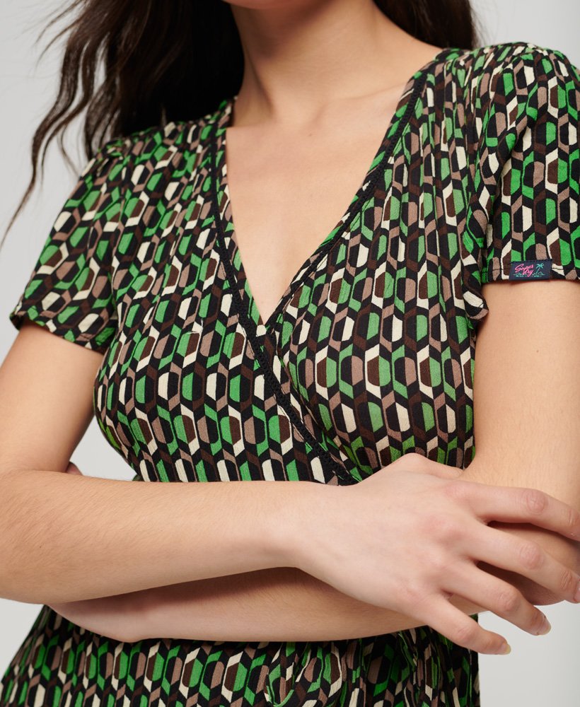 vintage mini-wikkeljurk in arrow geo green