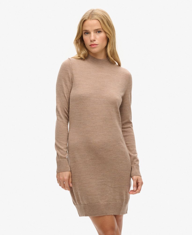 merino gebreide jurk met lange mouwen in bison marl