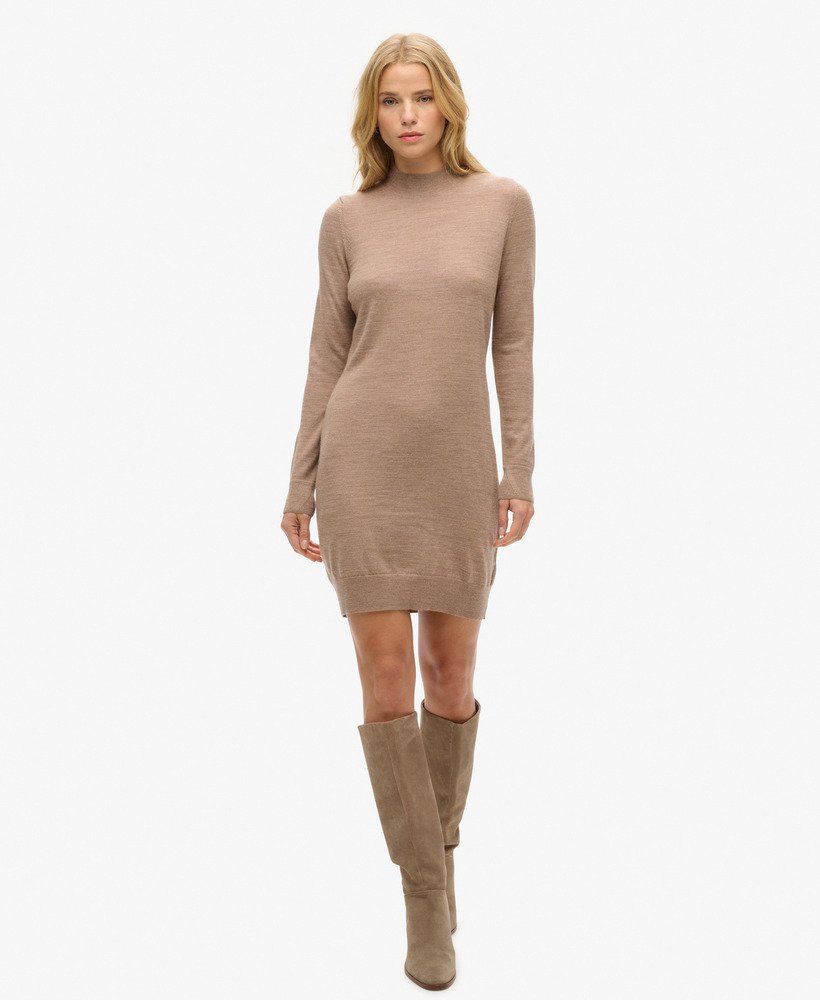 merino gebreide jurk met lange mouwen in bison marl