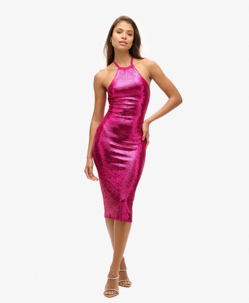 halterjurk met pailletten in magenta roze
