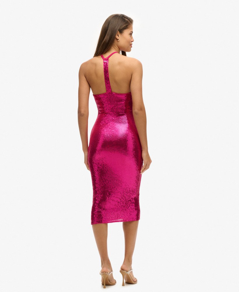 halterjurk met pailletten in magenta roze