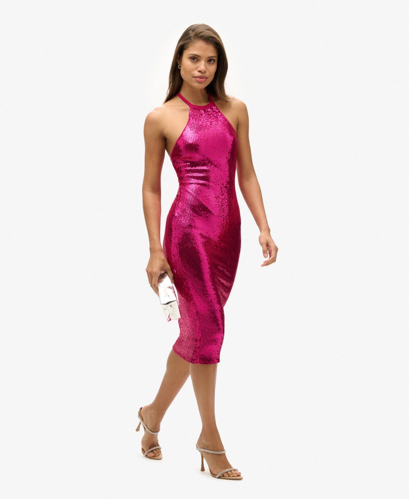 halterjurk met pailletten in magenta roze