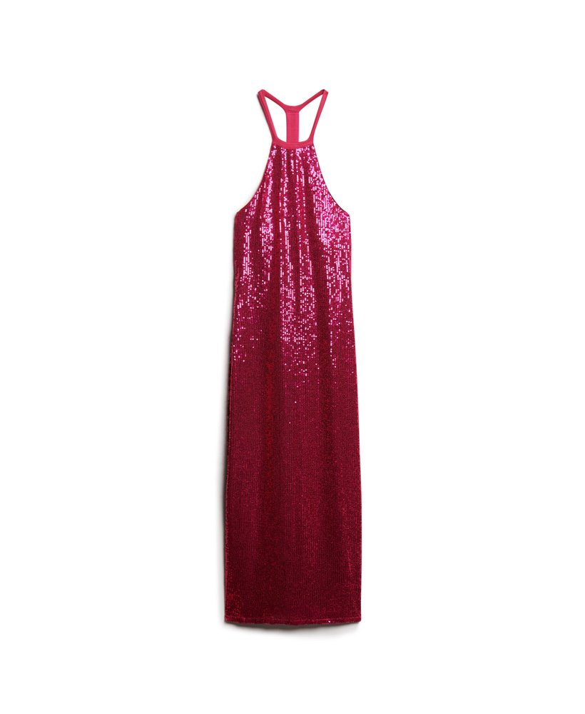 halterjurk met pailletten in magenta roze