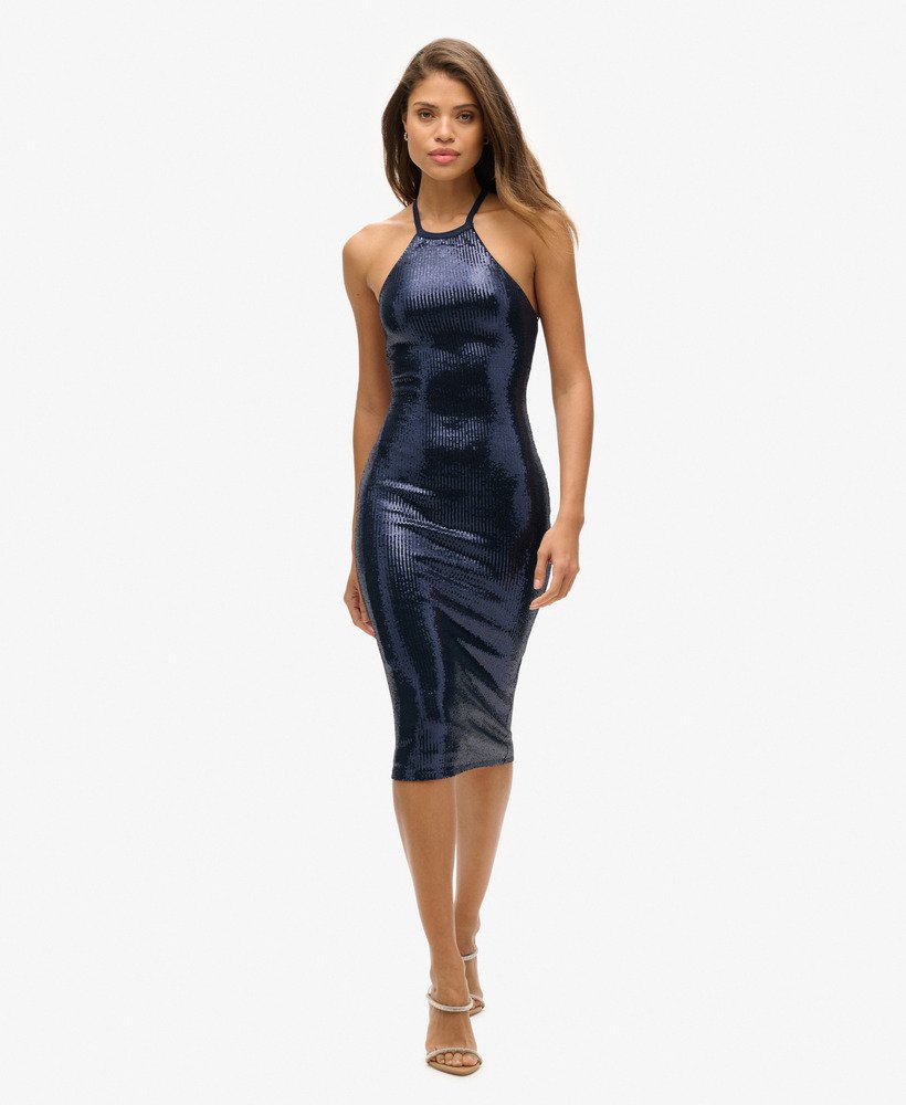 midi-jurk met halternek en pailletten in marineblauw.