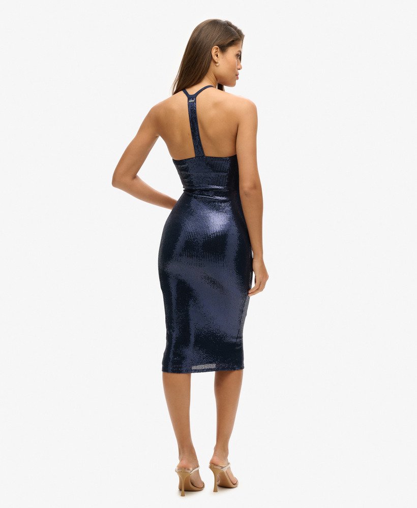 midi-jurk met halternek en pailletten in marineblauw.