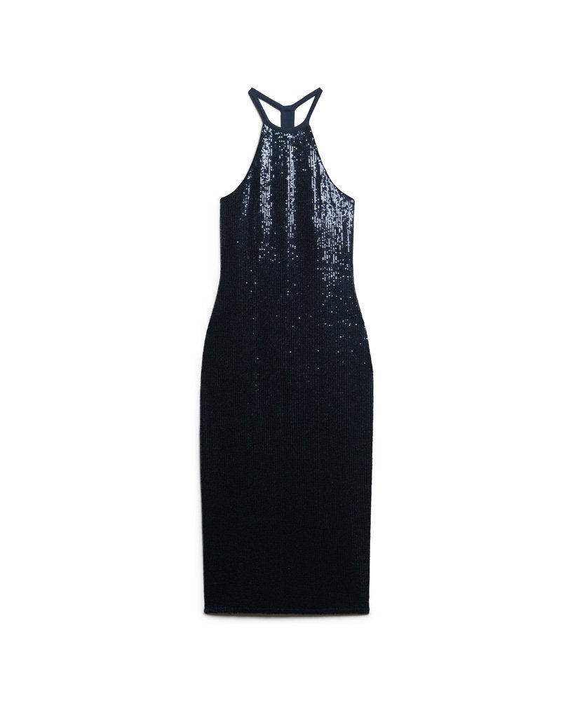 midi-jurk met halternek en pailletten in marineblauw.