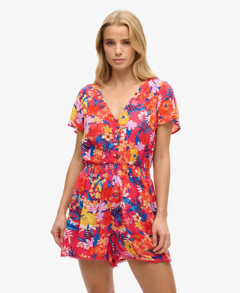 playsuit met korte mouwen voor op het strand in roze anemone