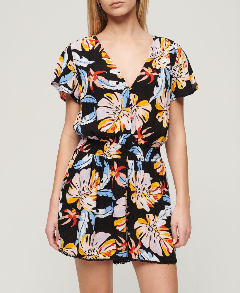 playsuit met korte mouwen in aquarel tropisch oranje.