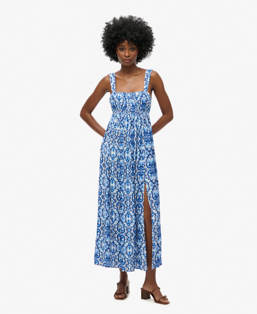 maxi-jurk met strik op de rug in tegelprint blauw
