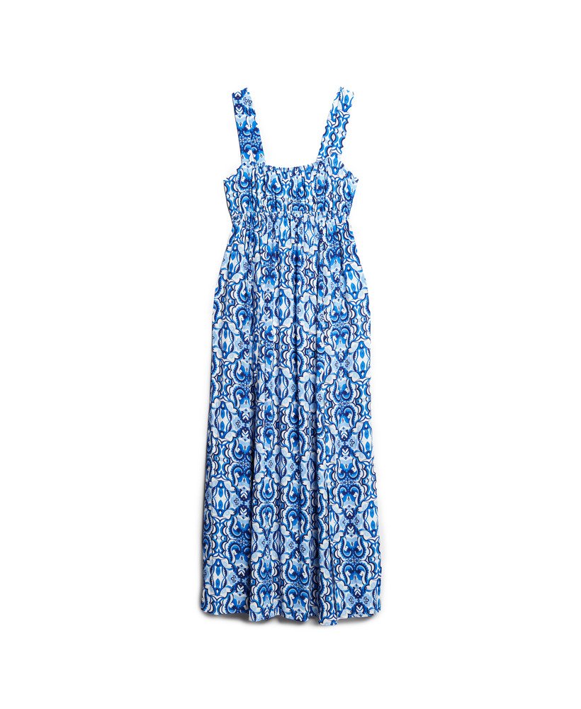 maxi-jurk met strik op de rug in tegelprint blauw