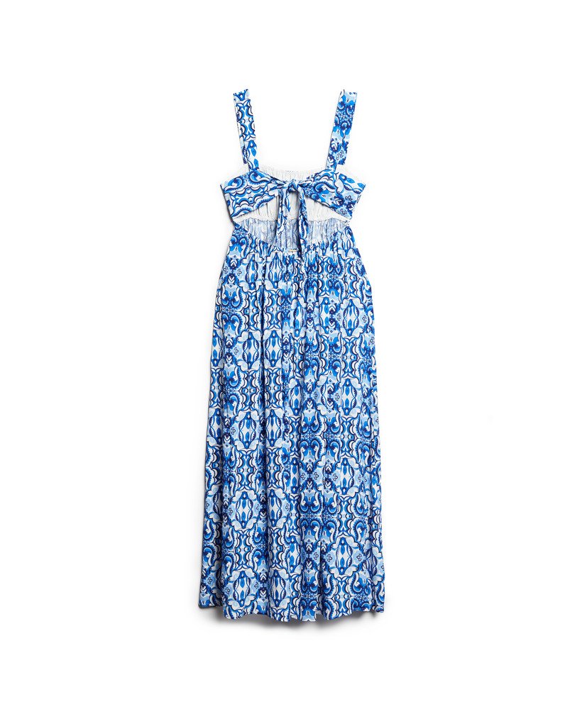 maxi-jurk met strik op de rug in tegelprint blauw