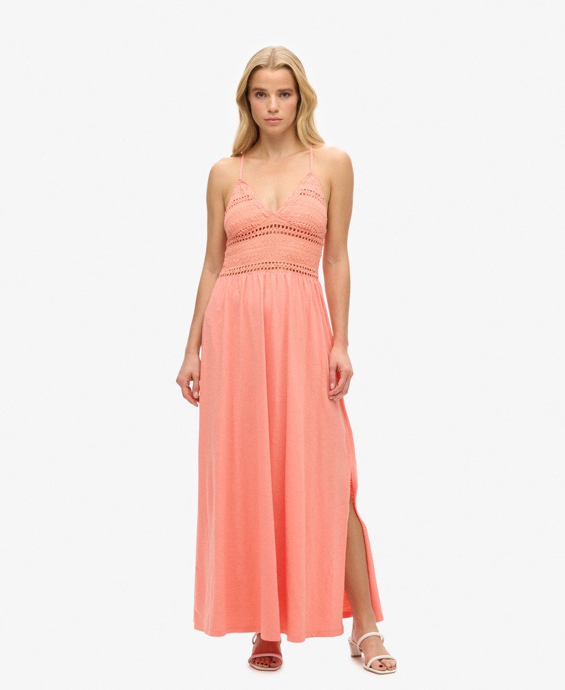 jersey kanten maxi-jurk in fusion coral