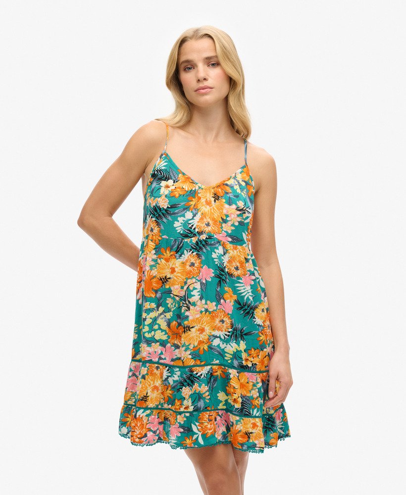 mini cami strandjurk in bali-blauw met anemoonmotief
