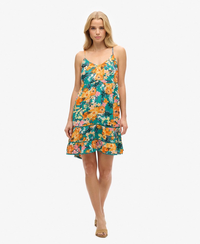 mini cami strandjurk in bali-blauw met anemoonmotief