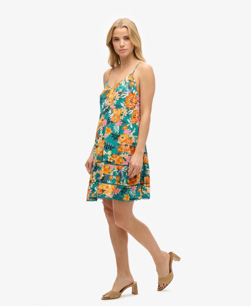 mini cami strandjurk in bali-blauw met anemoonmotief