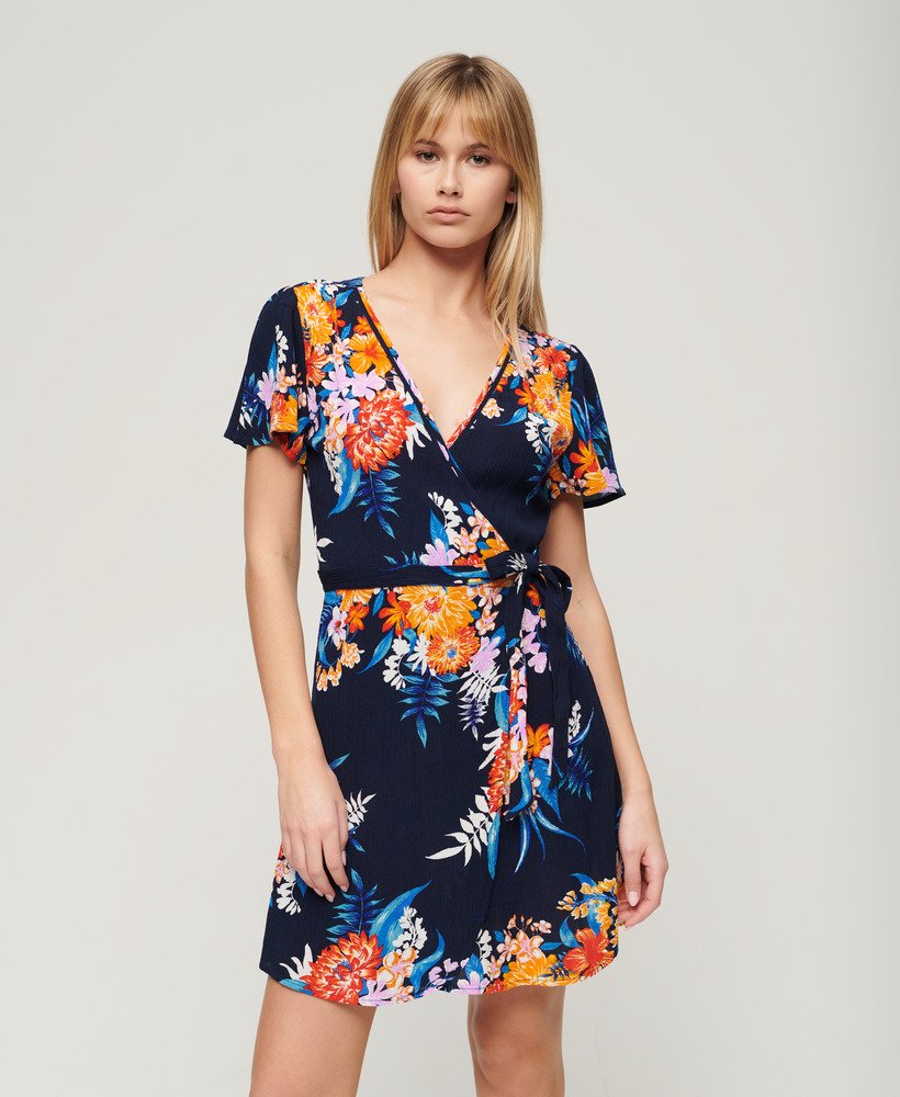 bedrukte mini-wikkeljurk in anemore navy