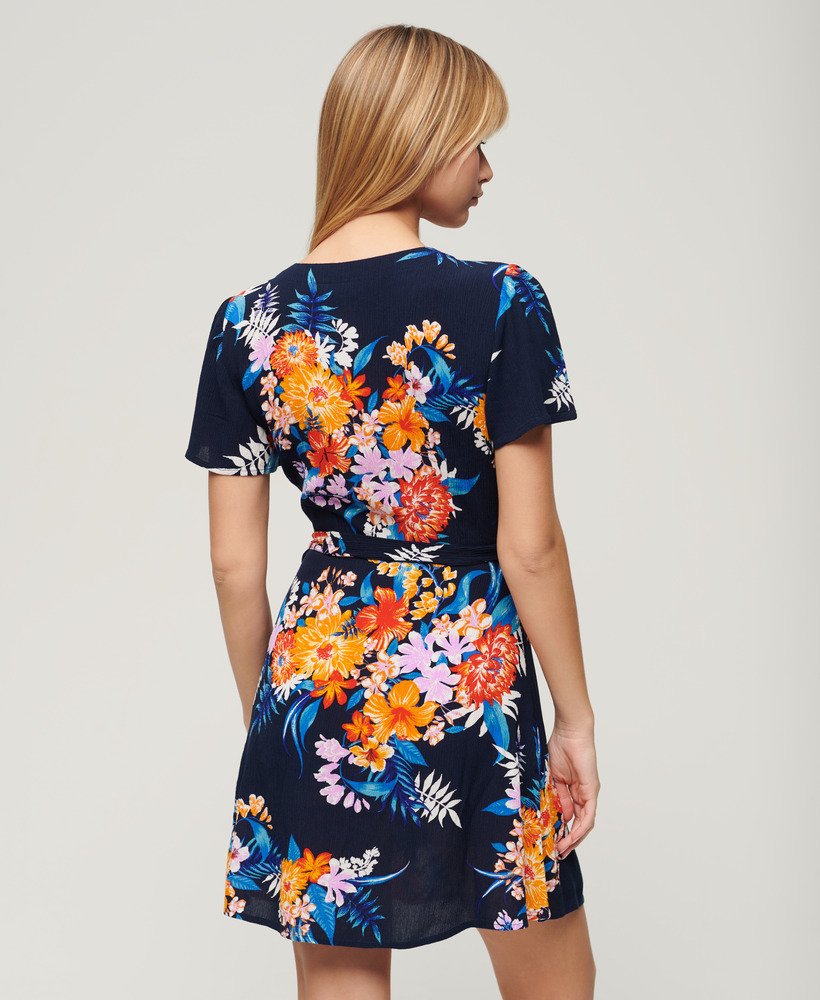 bedrukte mini-wikkeljurk in anemore navy