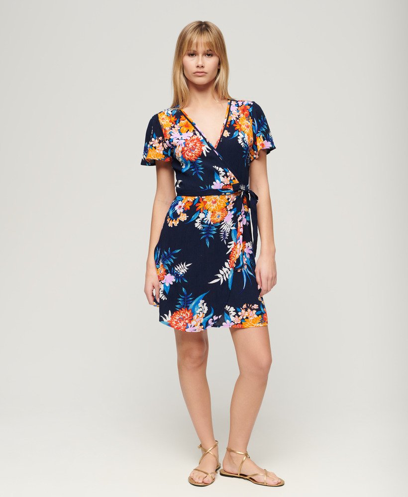 bedrukte mini-wikkeljurk in anemore navy