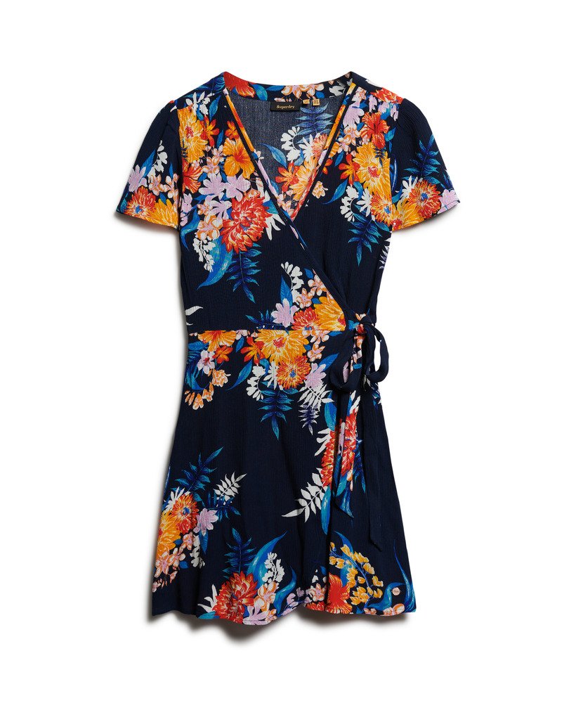 bedrukte mini-wikkeljurk in anemore navy