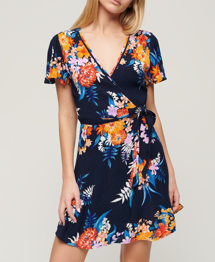bedrukte mini-wikkeljurk in anemore navy