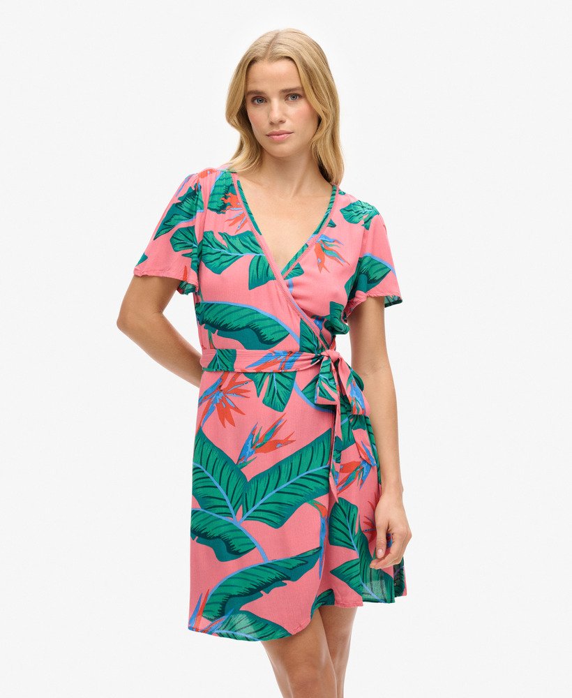 bedrukte mini-wikkeljurk in pink paradise