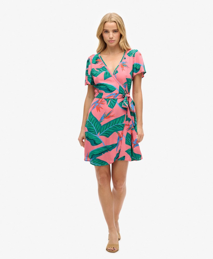 bedrukte mini-wikkeljurk in pink paradise
