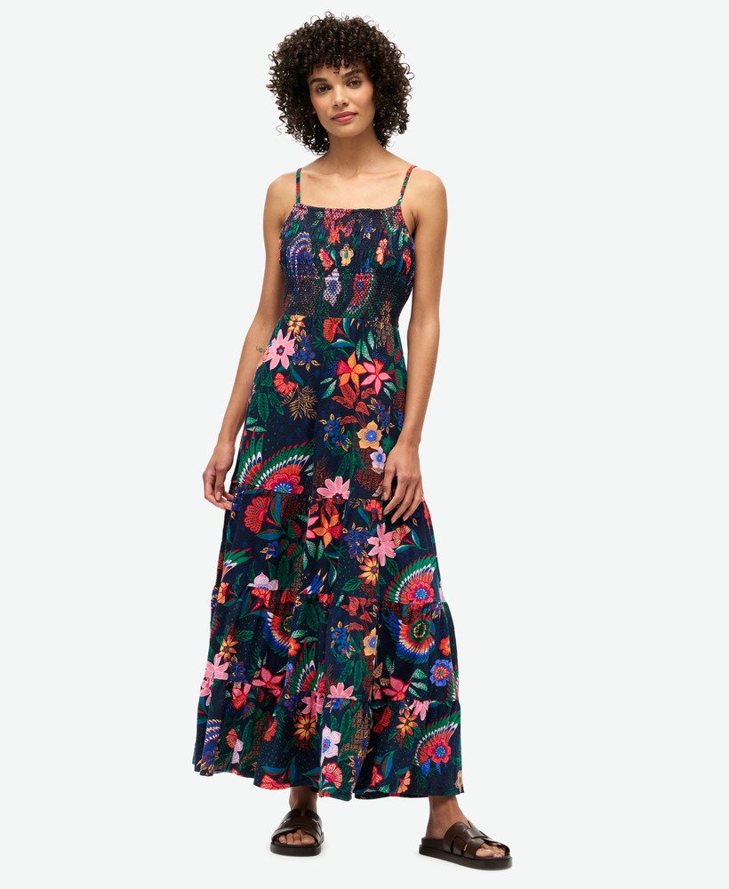 maxi-jurk met smockwerk in vera floral marineblauw