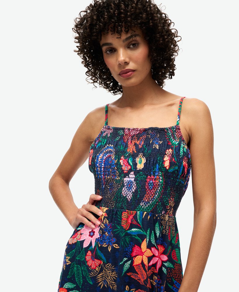 maxi-jurk met smockwerk in vera floral marineblauw