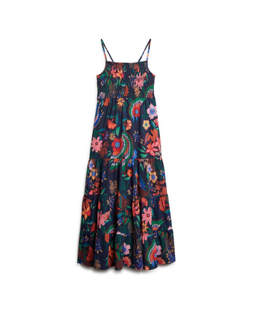 maxi-jurk met smockwerk in vera floral marineblauw