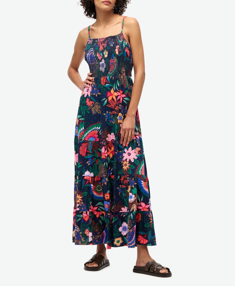 maxi-jurk met smockwerk in vera floral marineblauw
