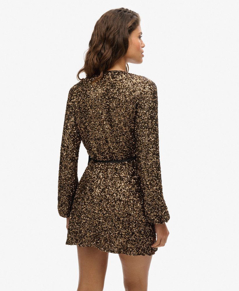 mini-jurk met pailletten en wikkeldetail in goudkleurige mega-pailletten