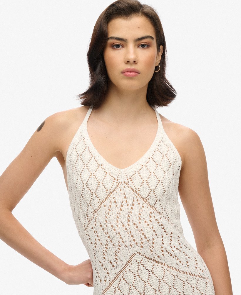 gehaakte halter maxi-jurk in gebroken wit desert bone
