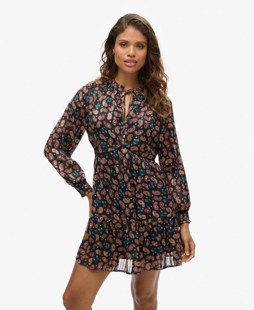 bedrukte metallic mini-jurk met lange mouwen en paisleyprint zwarte sjaal